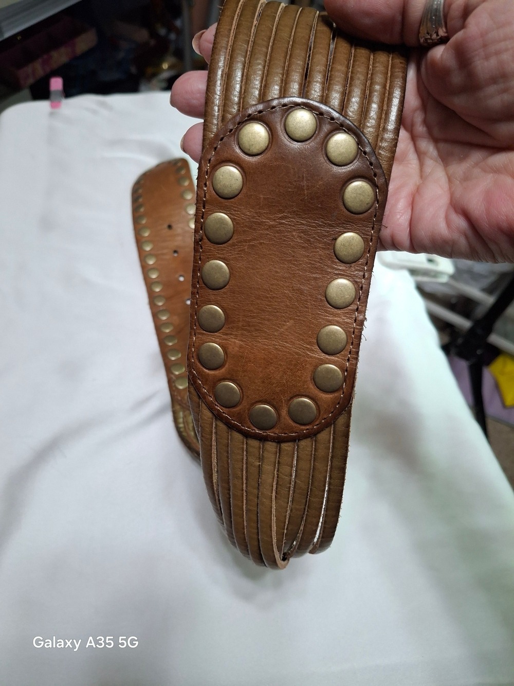 Linea Pelle Brown Leather Belt with Brass-Tone Green Accent Buckle - Picture 3 of 11